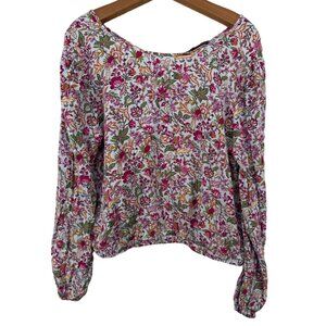 Loft Womens Blouse Sz L Pink Cropped Elastic Waist Long-Slv Cottage Ditzy Floral